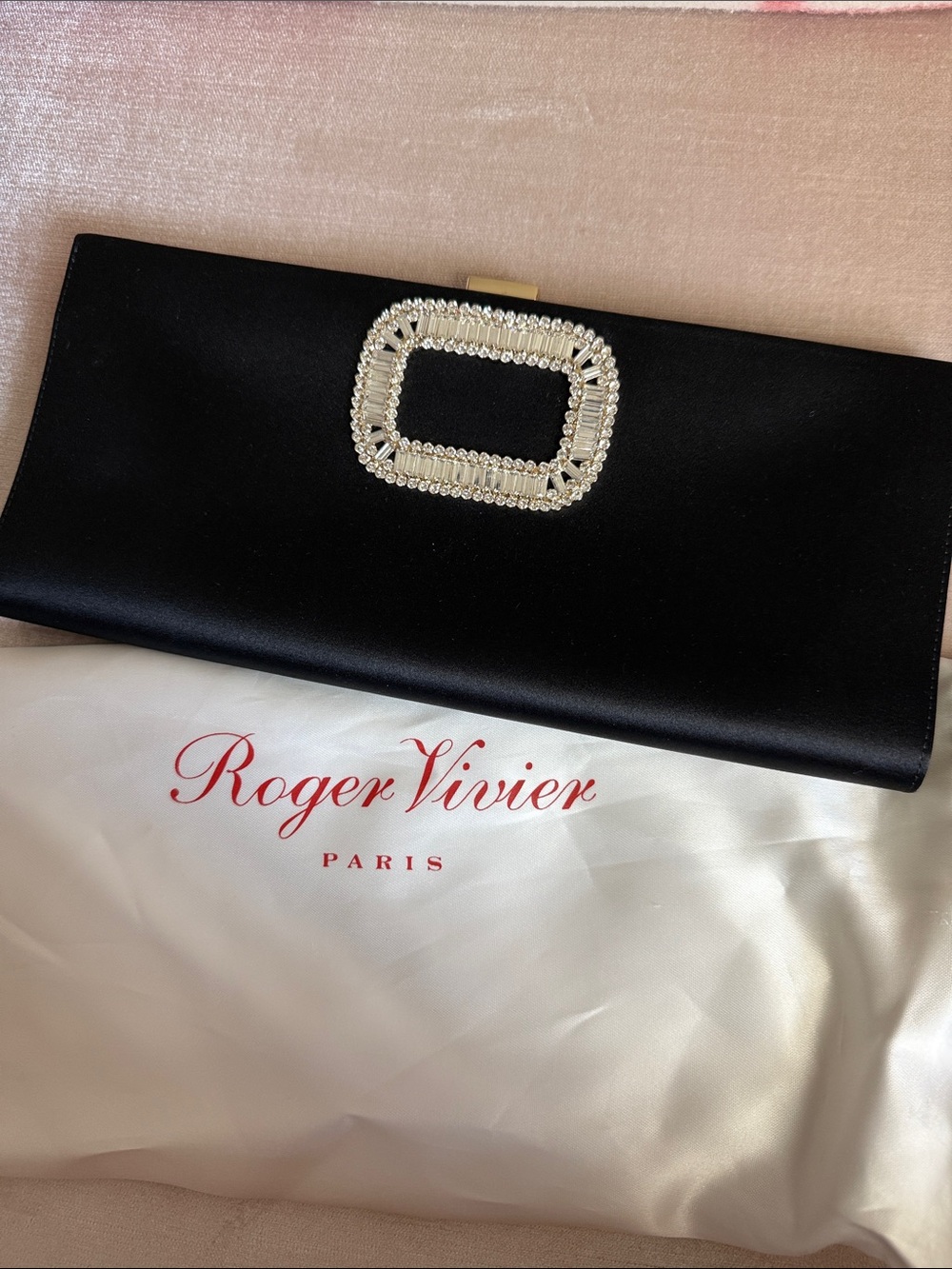 Authentic Roger Vivier Black Satin Clutch with Crystal Rectangular Buckle